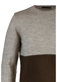 Maglione a blocchi di colore grigio e marrone con scollo rotondo, realizzato in morbido tessuto lavorato a maglia, caratterizzato da una texture liscia e un design minimalista.