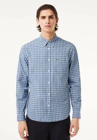 Camisa de botones en un patrón de cuadros azul y blanco, de manga larga, con cuello clássico y un pequeño logo verde en el pecho. Tejido de algodón.