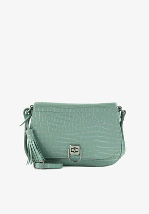 Mint green faux leather handbag with croc texture, a flap closure with silver hardware, and a detachable fringe detail. Adjustable strap included.