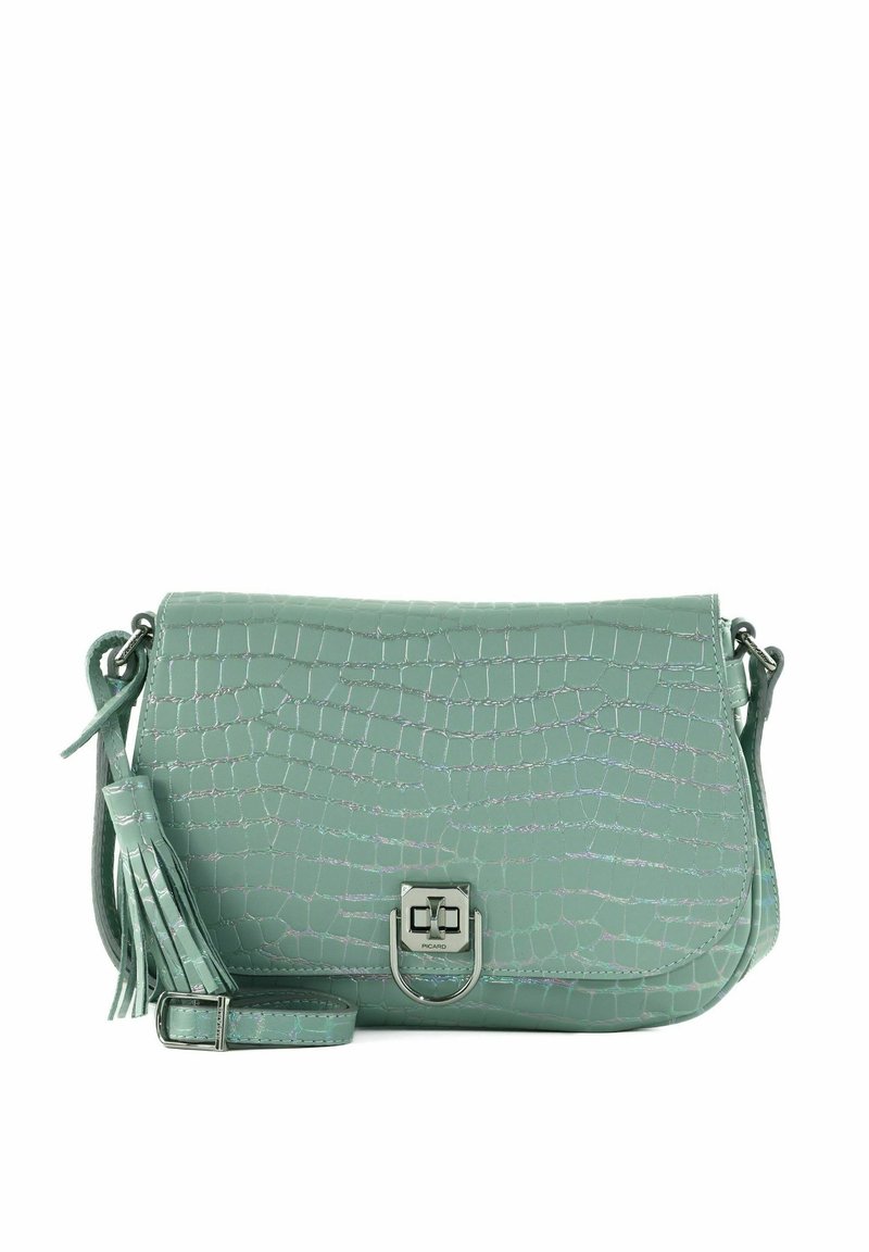 Mintgrünes Handtasche aus Kunstleder mit Krokodilstruktur, einem Klappenverschluss mit silbernem Beschläge und einem abnehmbaren Fransendetail. Verstellbarer Tragegurt inklusive.