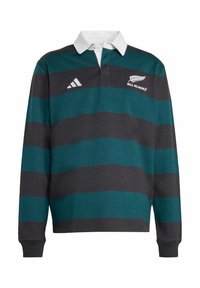 T-shirt de rugby à manches longues avec des rayures verticales teal et noires, un col blanc et un logo brodé sur la poitrine. En coton.