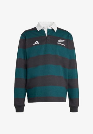 Langarm-Rugbyshirt mit vertikalen Teal- und schwarzen Streifen, einem weißen Kragen und besticktem Logo auf der Brust. Aus Baumwollmaterial.