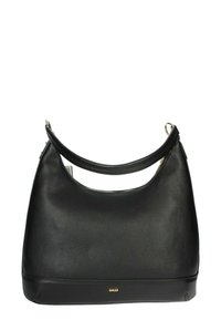 Borsa a mano in pelle nera con trama liscia, manico curvo e dettagli in metallo dorato. Presenta un ampio scomparto e una silhouette morbida.