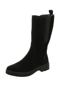 Zwarte suède kniehoge laars met elastische zijkanten, platte zool en versterkte neus. Glad oppervlak met een eenvoudig ontwerp en geen zichtbare patronen.