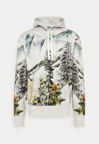 Hooded sweatshirt with drawstrings featuring a detailed mountain and forest print in green, orange, and black tones on a beige background.