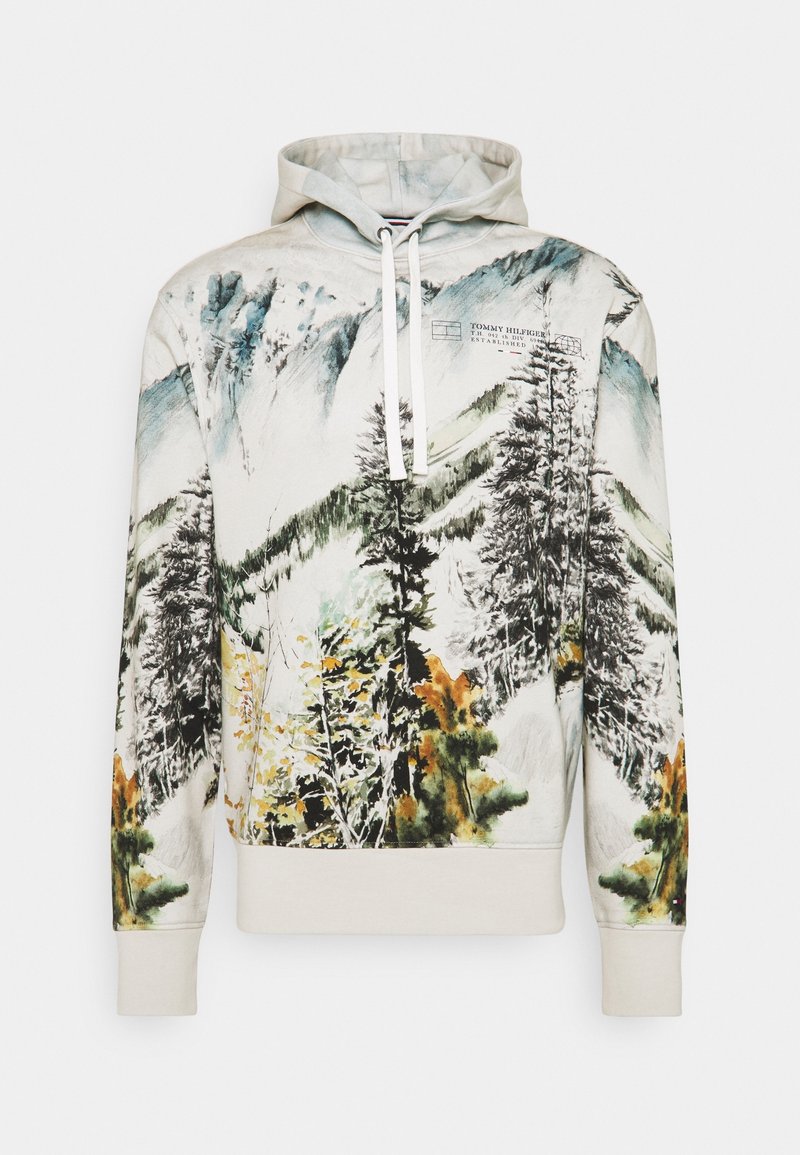 Hooded sweatshirt with drawstrings featuring a detailed mountain and forest print in green, orange, and black tones on a beige background.