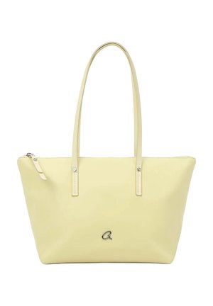 Bolso tote de cuero color crema con dos correas para el hombro, cierre de cremallera y un pequeño logotipo metálico en forma de letra "a" en el centro delantero.