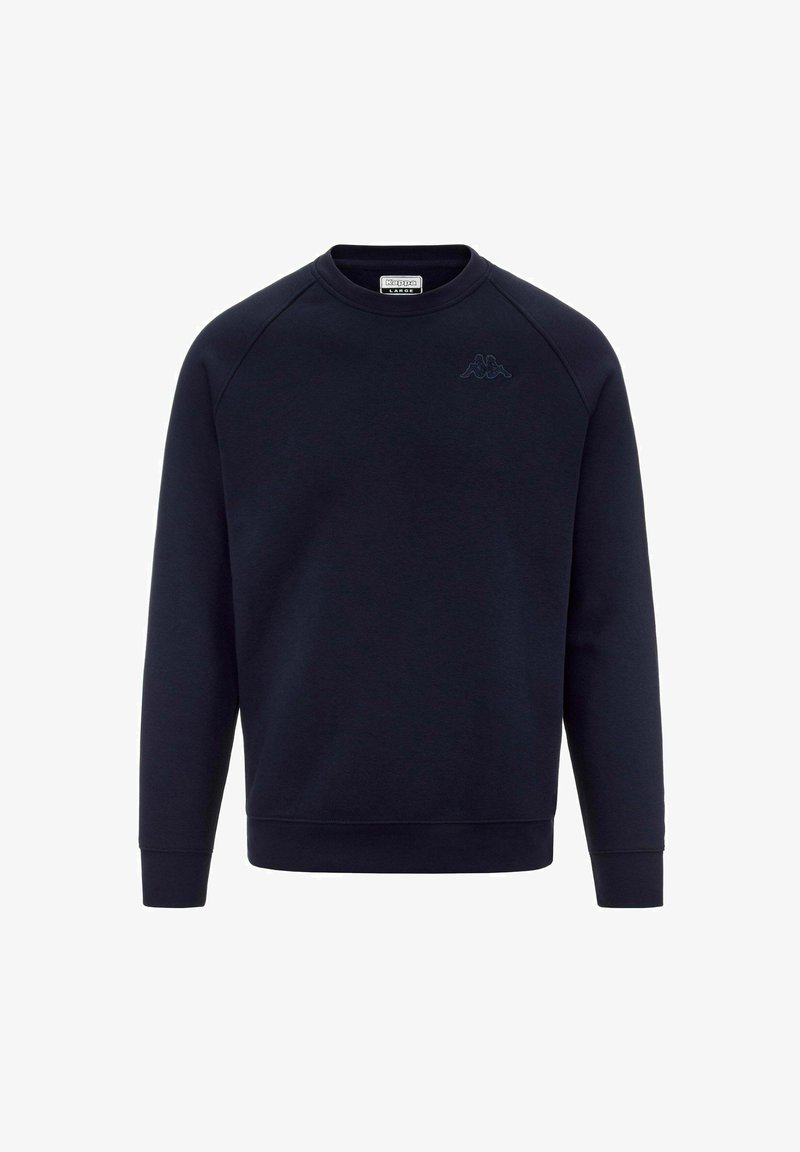 Sudadera azul marino, fabricada en un tejido suave, cuenta con un corte de cuello redondo, mangas largas tipo raglán y un pequeño logotipo tonal en la parte superior del pecho.