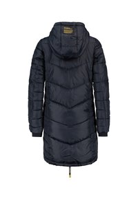 Námořnický puffer kabát s kapucí, s designem v chevronu, elastickými manžetami a stahovacími okraji. Viditelný zadní štítek s textovým detailem.