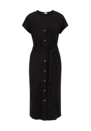 Vestito midi nero con maniche corte, scollatura a V, chiusura con bottoni frontali, cintura in vita e texture del tessuto liscia. Presenta bottoni marroni.