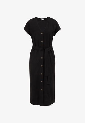 Vestito midi nero con maniche corte, scollatura a V, chiusura con bottoni frontali, cintura in vita e texture del tessuto liscia. Presenta bottoni marroni.