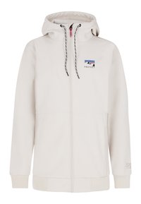 Svijetlosmeđa majica s kapuljačom na zip, s elastičnim rukavima i malim višebojnim logom na lijevoj strani prsnog koša. Glatka tekstura.