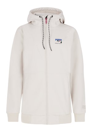 Helle beige Zip-Hoodie mit einer Kordelzugkapuze, elastischen Bündchen und einem kleinen, mehrfarbigen Logo auf der linken Brust. Glatte Textur.