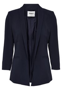 Granatowa marynarka bez guzików z przodu, z klapami i dwiema bocznymi kieszeniami, wyróżniająca się gładkim materiałem i dopasowanym krojem.