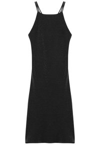Robe noire sans manches à coupe ajustée, fabriquée dans un tissu texturé. Elle présente des bretelles fines et ajustables ainsi qu'une légère brillance.