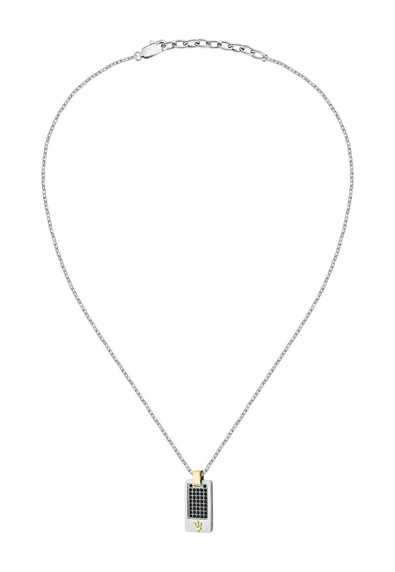 Silberne Kettenhalskette mit einem rechteckigen Anhänger, der ein schwarzes strukturiertes Design und eine goldene Akzentuierung an der Oberseite aufweist.