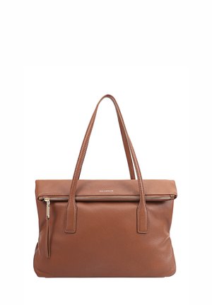 Brown leather handbag with a textured surface, two long handles, a top zip closure, and a front zip pocket. Subtle branding on the front.