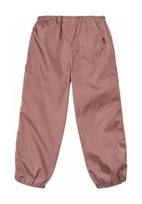 Roze, lichte elastische taillebroek met een ontspannen pasvorm. Bevat een enkele achterzak en een gestructureerd oppervlak.