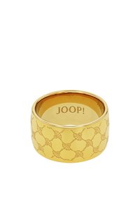 Anello dorato con un motivo inciso che presenta cerchi e accenti floreali, banda interna liscia e il nome del marchio "JOOP!" all'interno.