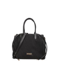 Sac à main noir avec texture tressée, anses en cuir et bandoulière réglable. Doté de quincaillerie dorée et d'une plaque logo. Design compact.