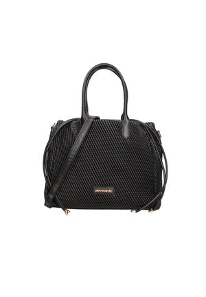Sac à main noir avec texture tressée, anses en cuir et bandoulière réglable. Doté de quincaillerie dorée et d'une plaque logo. Design compact.