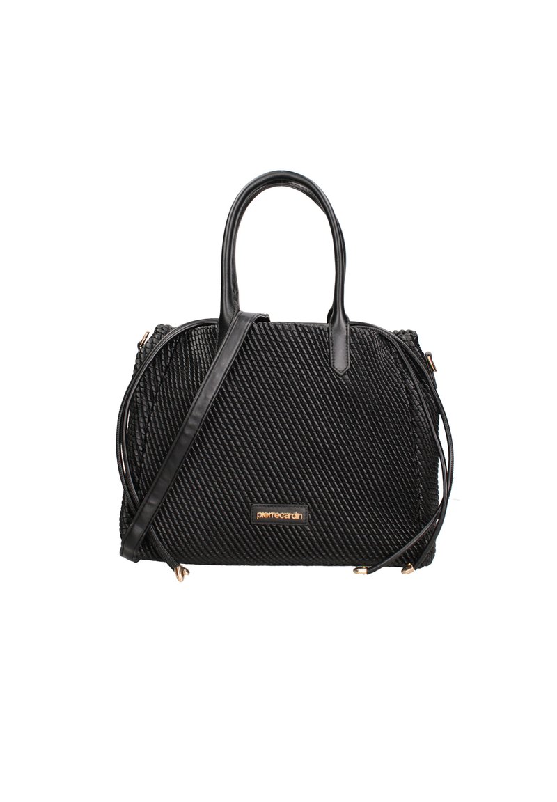 Sac à main noir avec texture tressée, anses en cuir et bandoulière réglable. Doté de quincaillerie dorée et d'une plaque logo. Design compact.