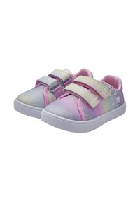 Baskets Velcro dans des couleurs pastel dégradées, avec une texture pailletée, des motifs d'étoiles et une semelle en caoutchouc blanche. Conçues pour le confort et la facilité.