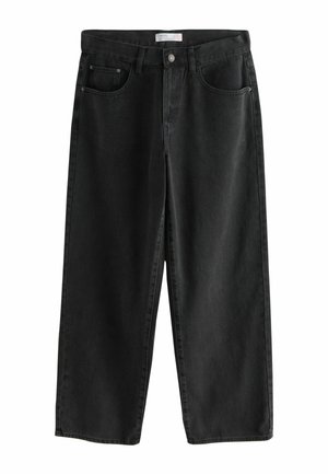 Černé džíny s širokými nohavicemi vyrobené z denimu, s vysokým pasem, pěti kapsami a zapínáním na knoflík a zip vpředu.