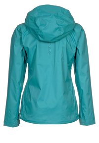 Tyrkysová nepromokavá bunda s kapucí, která má hladký povrch, dlouhé rukávy a jemný mřížkovaný vzor na látce.