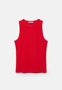Débardeur rouge sans manches à col rond avec un ourlet droit, présenté à plat sur un fond blanc.