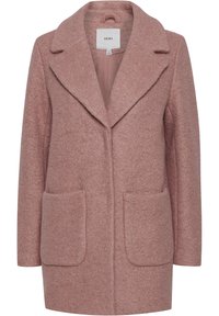 Manteau en mélange de laine rose poudré à texture douce, avec larges revers et deux grandes poches plaquées à l'avant, conçu pour les temps froids.