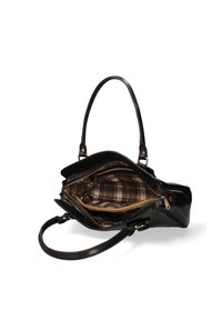 Sac à main en cuir noir avec deux poignées, doté d'une doublure en tissu écossais marron et de plusieurs compartiments zippés, offrant un rangement organisé.