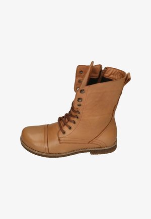 Tan leather ankle boot with brown laces, side zipper, and textured rubber sole, shown from the outer side with partially open top.