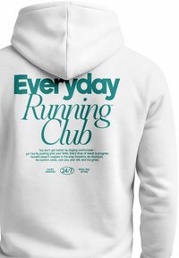 White hoodie with a large teal text graphic on the back, featuring the words "Everyday Running Club" and motivational phrases. Soft fabric, adjustable hood.