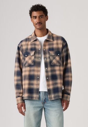 Homme portant une chemise à carreaux beige et marine boutonnée par-dessus un t-shirt blanc et un jean bleu clair sur un fond uni.