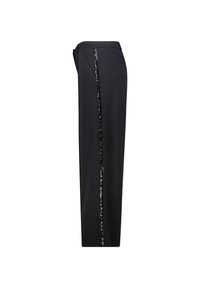 Zwarte broek met een rechte snit, voorzien van een verticale paillettenstreep aan de zijkant. Gladde stoftextuur en traditionele tailleband.