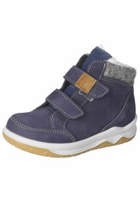 Zapato alto de cuero morado con dos tiras ajustables de Velcro, ribete de fieltro gris y una suela de goma blanca con acentos texturizados.