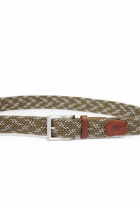 Cintura intrecciata in marrone terroso con dettagli bianchi, dotata di una fibbia in metallo argentato e dettagli in pelle marrone. Design intrecciato e testurizzato su tutta la lunghezza.