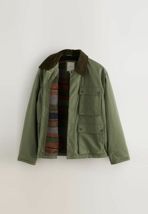 Olive green jacket with corduroy collar, featuring two front flap pockets, and a striped multi-colored lining of gray, rust, and navy.