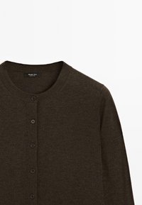 Brown knitted cardigan featuring a round neckline and button closure, with a label reading "Massimo Dutti" inside the collar.