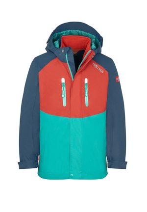 Children's waterproof jacket with navy sleeves and hood, red upper front, turquoise lower front, two vertical chest zippers, and Norwegian flag patch on sleeve.