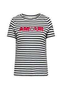 Camiseta de manga corta a rayas en blanco y negro, con texto bordado en rojo "AMOUR" y un detalle de corazón en el centro.
