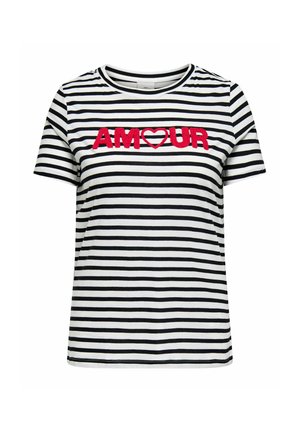 Stribet T-shirt med korte ærmer i sort og hvid, med røde broderede 'AMOUR' tekst og hjerte detaljer i midten.