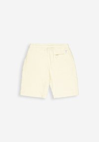 Helle gelbe Baumwollshorts mit strukturiertem Finish, elastischem Bund und einer einzelnen Gesäßtasche. Einfaches Design, mittellange Beinlänge bis zum Oberschenkel.