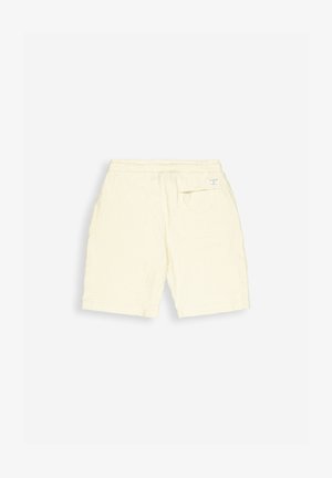 Lichtgele katoenen shorts met een gestructureerde afwerking, elastische tailleband en een enkele achterzak. Eenvoudig ontwerp, tot halverwege de dijen.