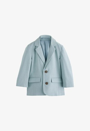Ljusblå blazer med skräddarsydd passform, två framfickor, bruna knappar och spetsig slag. Slät textur och fullt foder inuti.