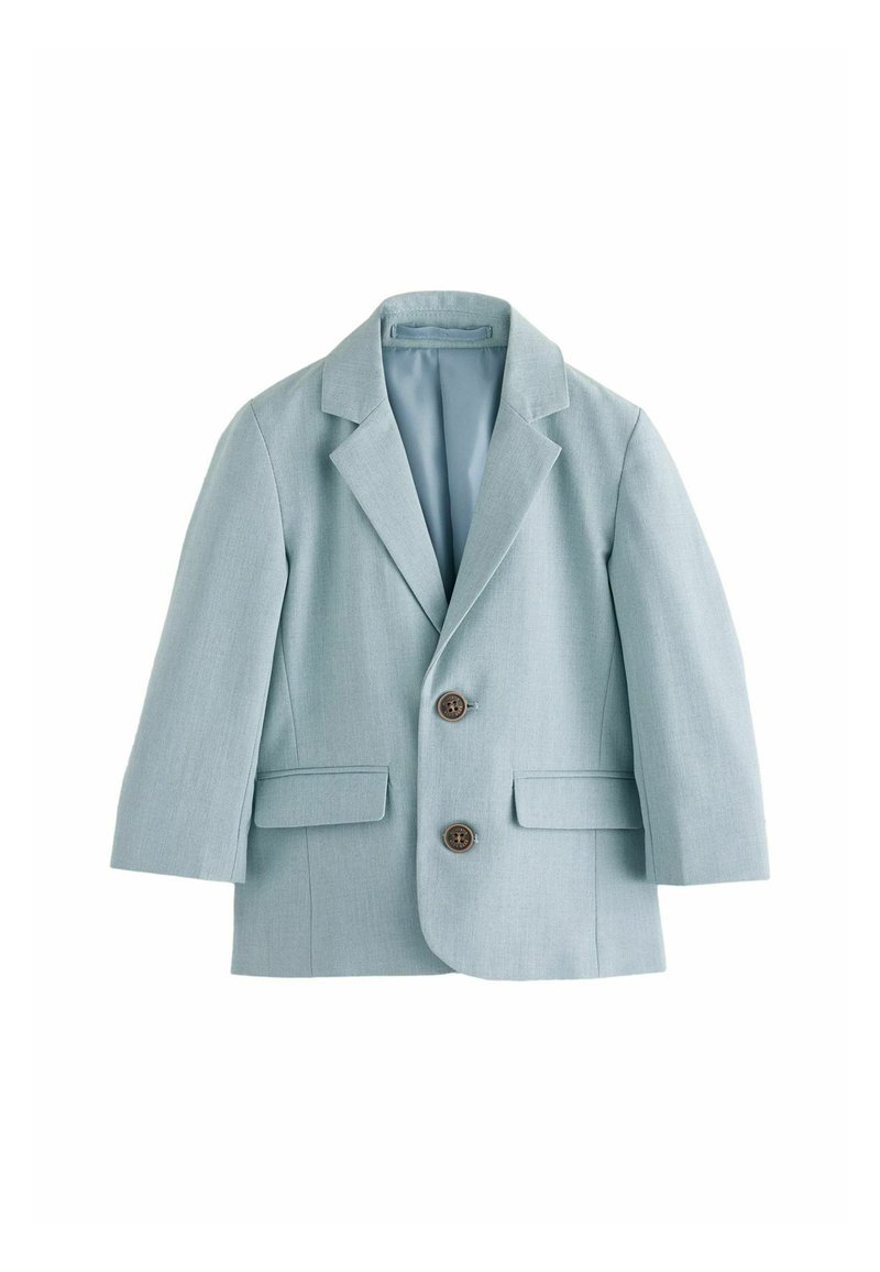 Blazer azzurro chiaro con vestibilità su misura, due tasche frontali, bottoni marroni e revers a punta. Tessuto liscio e interno completamente foderato.