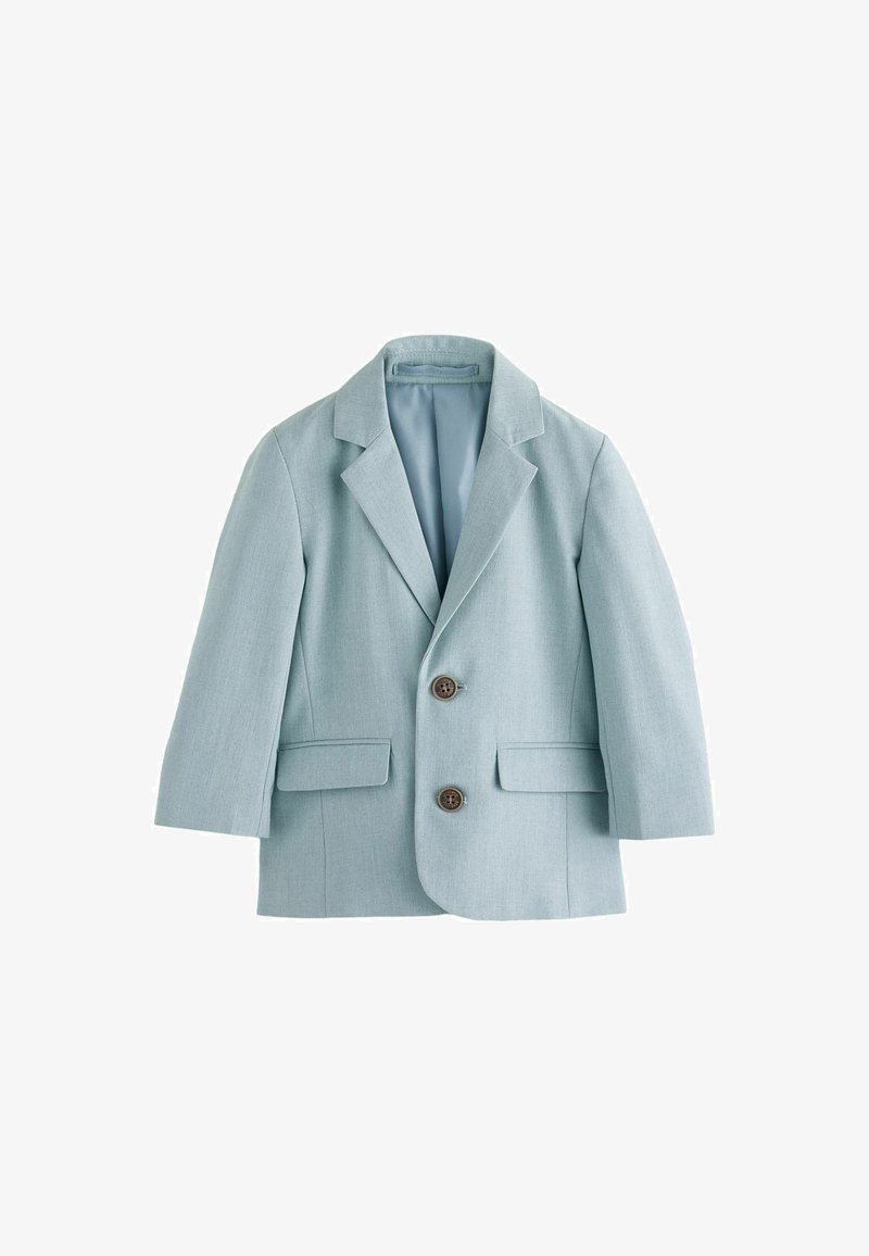 Blazer azzurro chiaro con vestibilità su misura, due tasche frontali, bottoni marroni e revers a punta. Tessuto liscio e interno completamente foderato.