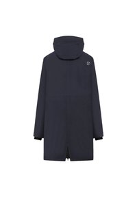 Parka blu navy con cappuccio, chiusura con zip e maniche lunghe. Presenta un logo minimal sulla parte superiore della schiena e un design a taglio dritto.