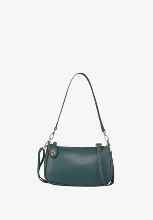 Teal leren handtas met een gestructureerde afwerking, rechthoekige vorm, afneembare schouderriem en een gouden hardware accent.